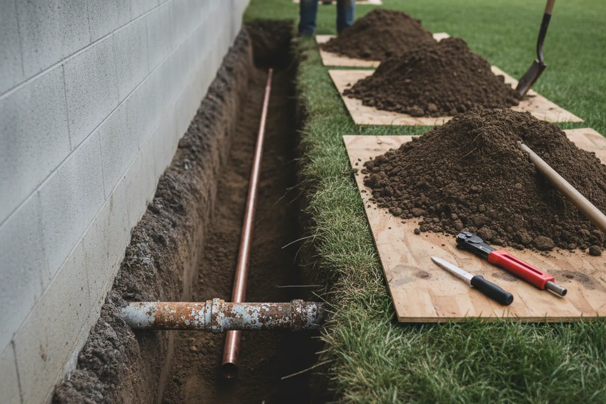 Excavated water line trench during Water Softener Installation in Goldfield
